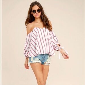Lulus Someone Special Red and White Striped Off-the-Shoulder Top Size Medium
